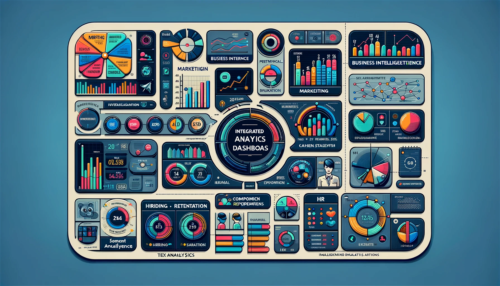 An integrated analytics dashboard combining elements from various types of dashboards_ Business Intelligence, Financial, Marketing, and HR. 
